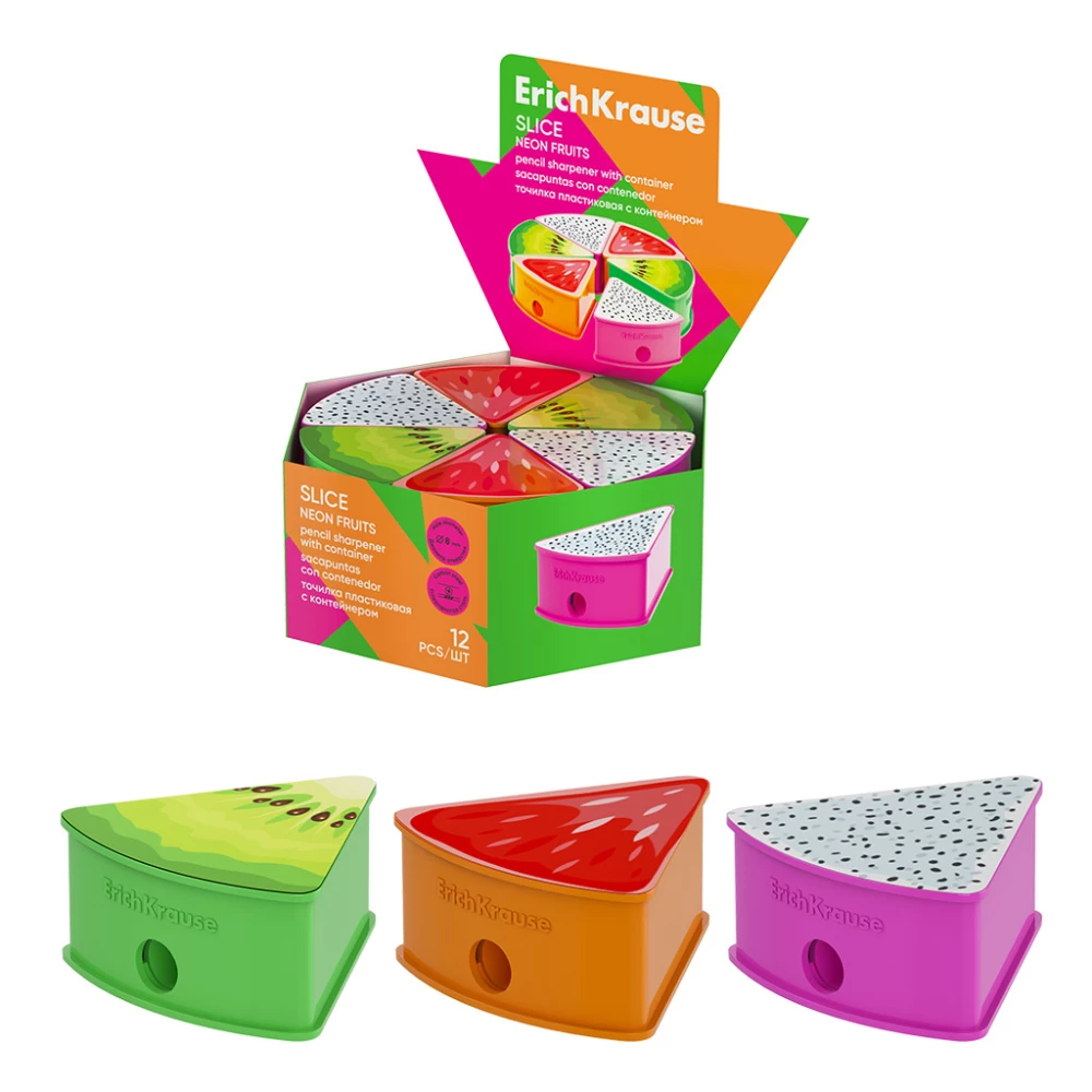 Plastmasas zīmuļu asinātājs - Slice, Neon Fruits, ar konteineru, assorti