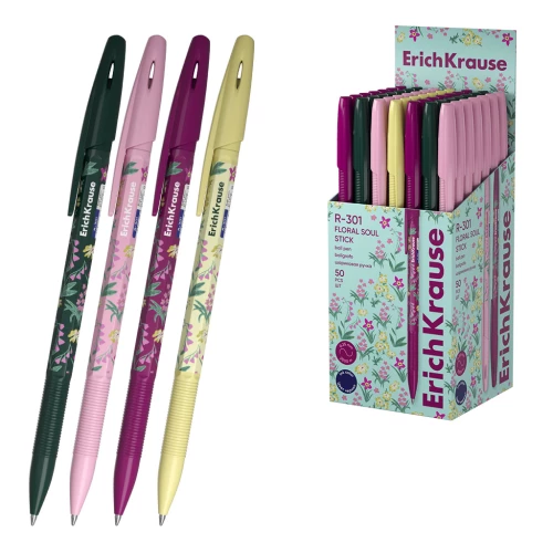 Kugļu pildspalva - R-301 Stick Floral Soul 0.7, tintes krāsa zila, sortimentā
