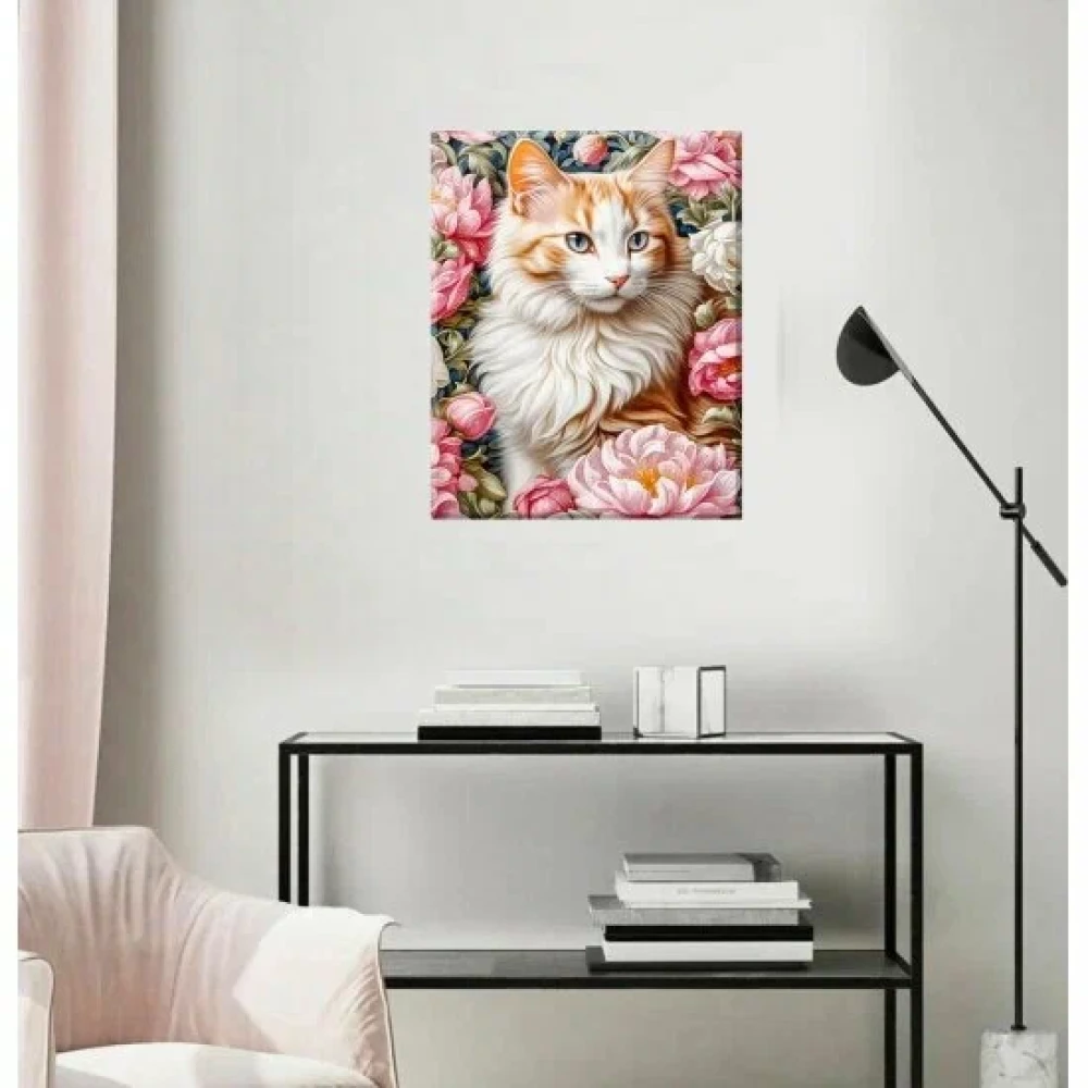 Diamond Painting Numbered - Cat in Peonies. 28 Colors