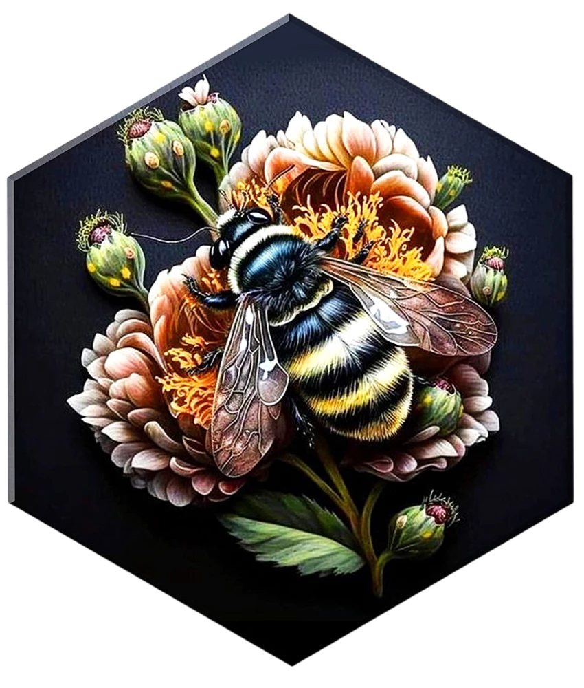 Painting by numbers - Bumblebee on a flower. Hexagon. Black canvas with gold leaf. 22 colors