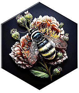 Painting by numbers - Bumblebee on a flower. Hexagon. Black canvas with gold leaf. 22 colors