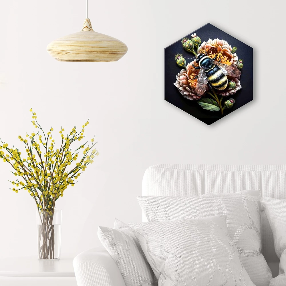 Painting by numbers - Bumblebee on a flower. Hexagon. Black canvas with gold leaf. 22 colors