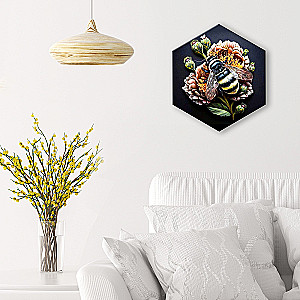 Painting by numbers - Bumblebee on a flower. Hexagon. Black canvas with gold leaf. 22 colors