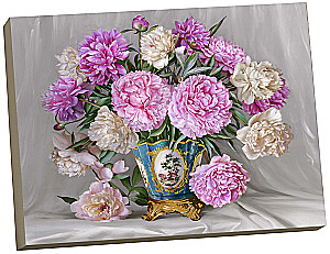 Numbered painting with gold leaf - Elderberry. Pink and white peonies. 40x50