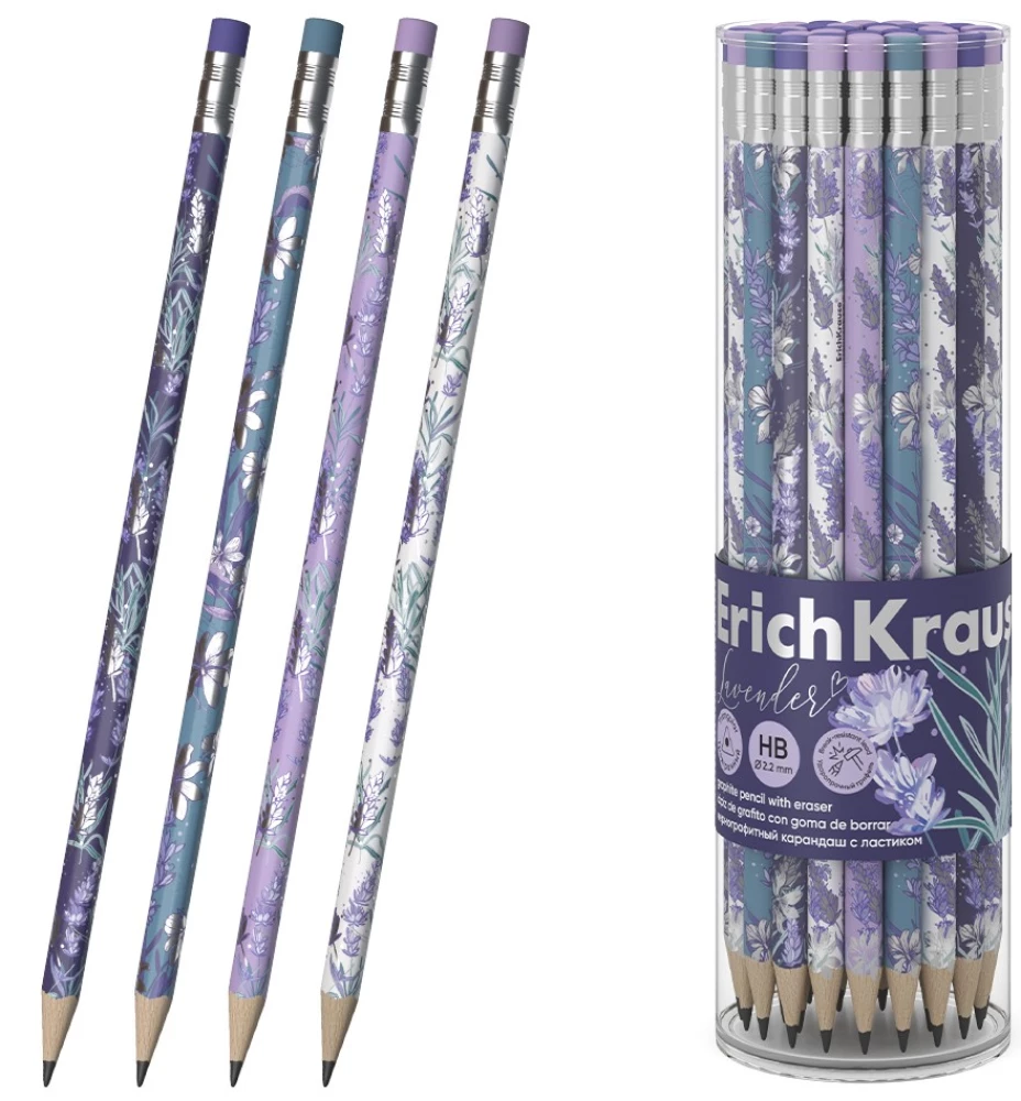 Zīmulis melnā grafīta - Lavender, trīsstūrveida, ar dzēšgumiju, dažādās krāsās