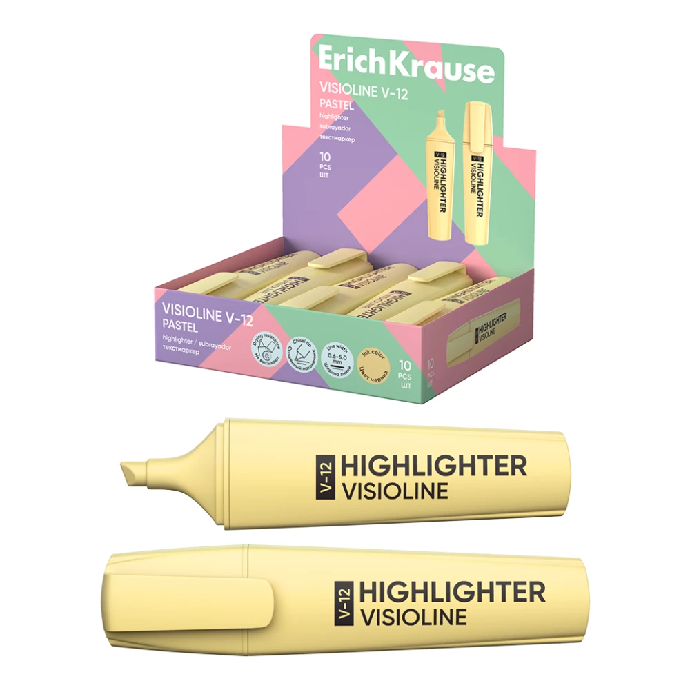 Tekstmarķieris ErichKrause Visioline V-12 Pastel, tintes krāsa - dzeltena