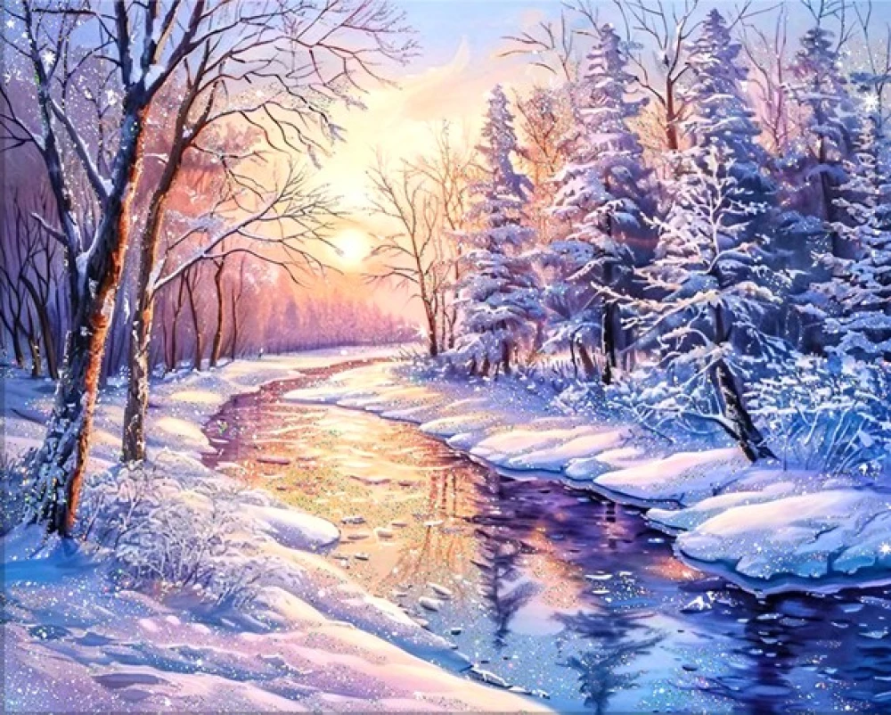Gemälde nach Zahlen mit Kristallen aus Kristall 40x50 cm - Winterdämmerung