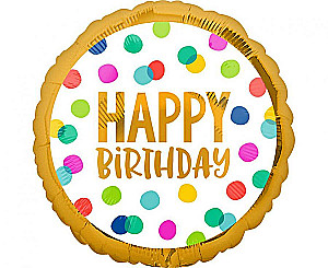 Фольгированный шар - Happy Birthday в цветные горошки, 46 см