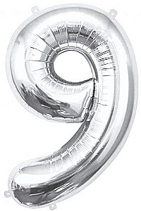 Foil Balloon Number 9, Silver, 85 cm
