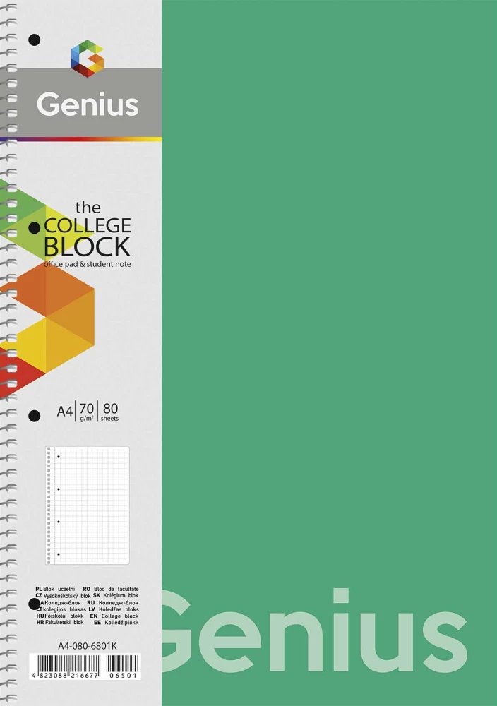 A4 spiralinė užrašinė, 80 lapų linijomis Genius, asorti