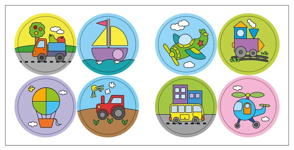 Spalvinimo knyga mažyliams su lipdukais. Transportas