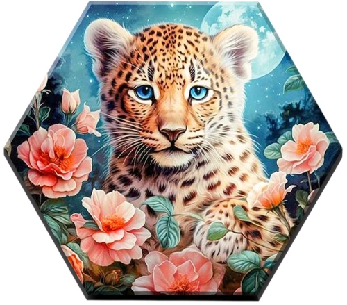 Numbered painting with luminous paint Hexagon 37x32cm - Cute baby leopard in flowers