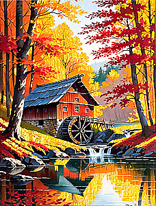 Numbered painting with gold leaf 40x50 cm - Watermill in October