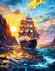 Numbered Painting with Gold Leaf 40x50 cm - Sailing Ship at Sunset