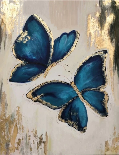Numerių piešimo paveikslas su auksu 40x50 cm - Mėlynos drugeliai
