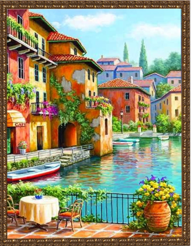 Mosaika diamentowa z nałożoną ramką 40x50 cm - Śniadanie nad brzegiem