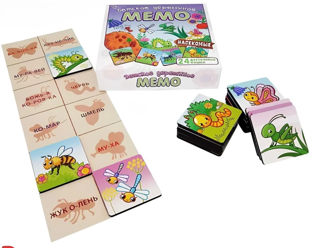Brettspiel - Kinder Holzmemo. Insekten