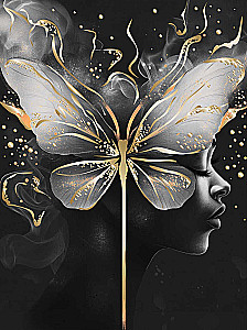 Numbered Painting with Gold Leaf - Girl with Butterfly, Black Canvas, 30x40cm
