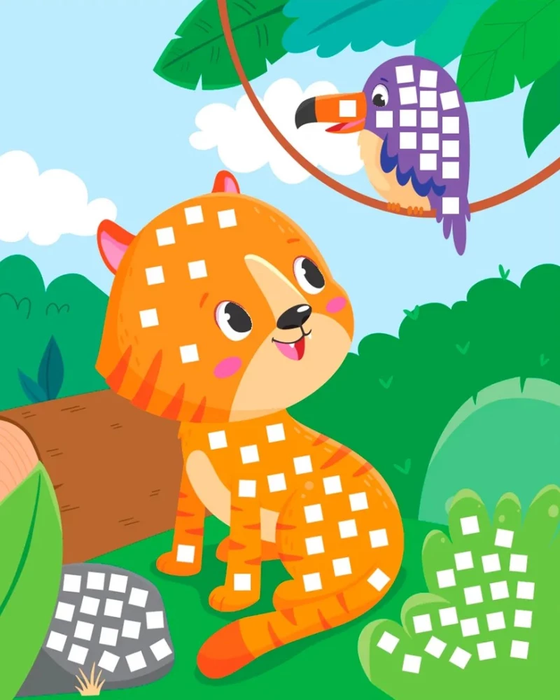 Mozaika-aplikacja. Szop pracz, lisica, tygrysek