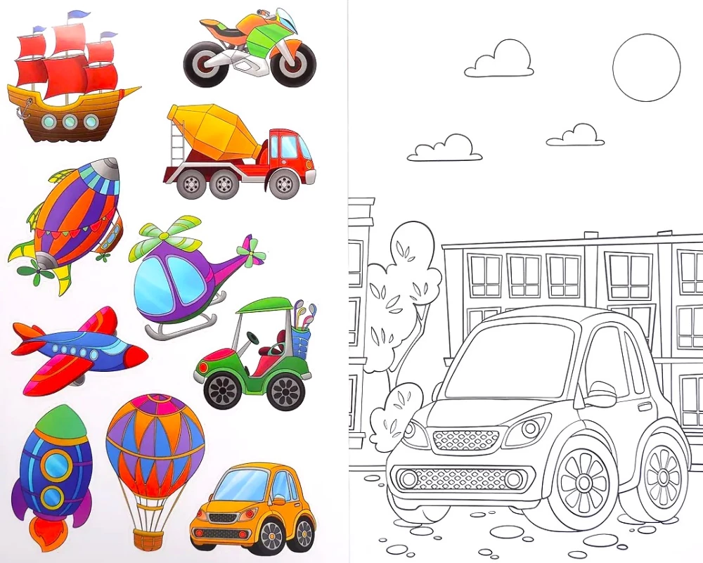 Spalvinimo knygelė su lipdukais. Transportas