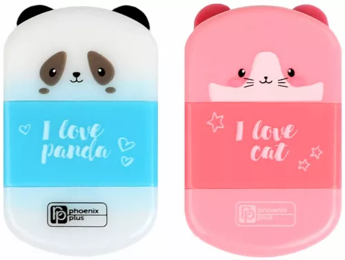 Точилка пластиковая с ластиком - КОТ И ПАНДА, в ассортименте