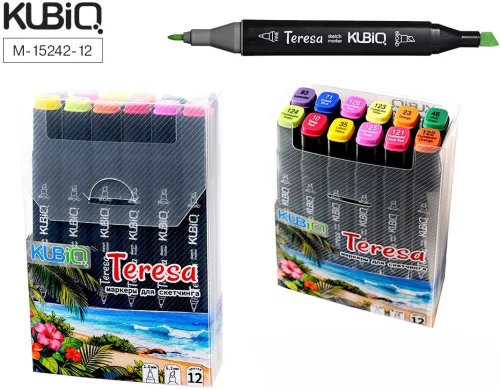 Set von doppelseitigen Markern für Sketchen - TERESA. Haupt- und Fluoreszenzfarben, 12 Farben