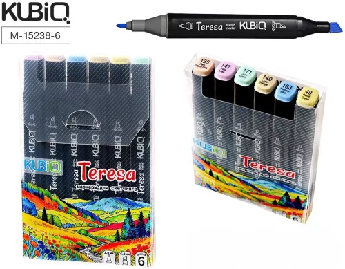 Dvigubos galvos eskizų markeriai - TERESA. Pasteliniai spalvos 2, 6 spalvų