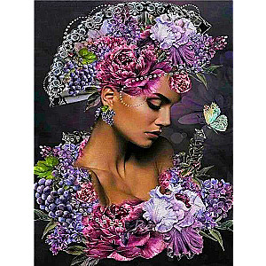 Diamond mosaic 30x40 cm Portrait in flowers. Violet, 26 colors, section 4