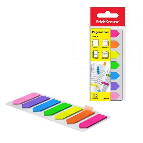 Plastmasas grāmatzīmes ar līmējošu malu ErichKrause® Neon Arrows, 12x44 mm, 140 lapas, 7 krāsas