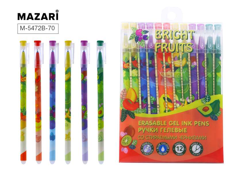 Gelinių rašiklių rinkinys su trinamu rašalu BRIGHT FRUITS, 12 vnt.