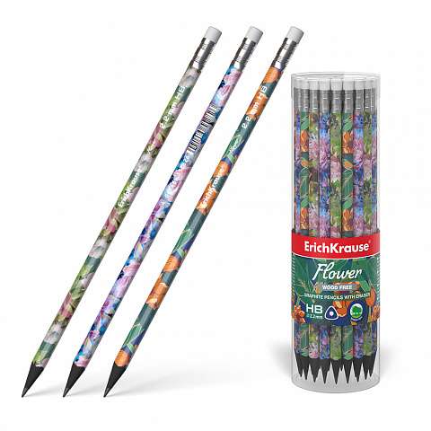 Kunststoff schwarz-grafit dreikantiger Bleistift mit Radiergummi ErichKrause® Flower HB