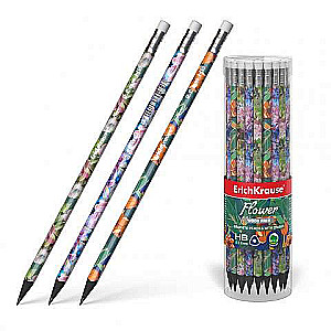 Kunststoff schwarz-grafit dreikantiger Bleistift mit Radiergummi ErichKrause® Flower HB