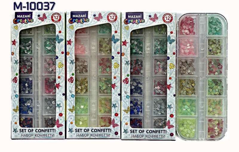 Konfeti komplekts, 12 krāsas, plastmasas kaste