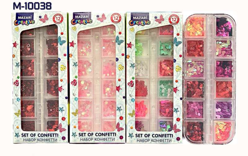 Konfeti komplekts, 12 krāsas, dizainu assortīrs, plastmasas kaste