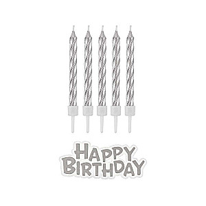 B&C Happy Birthday Candle Set with Holders, Silver, 16 pcs