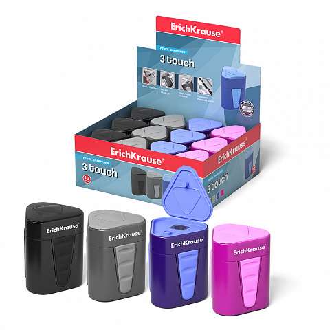 Plastikowa temperówka ErichKrause 3-Touch z pojemnikiem i pokrywką, kolor obudowy mix