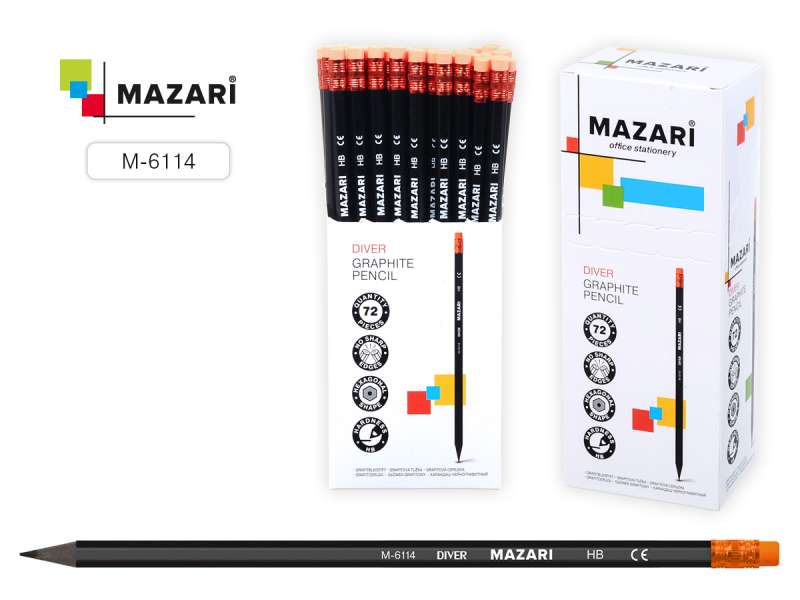 Bleistift aus schwarzem Graphit, Kunststoff, DIVER, HB, mit Radiergummi