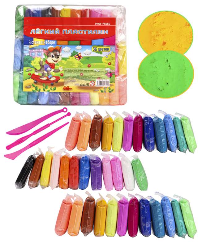 Vieglā plastilīna, 36 krāsas, 3 rīki