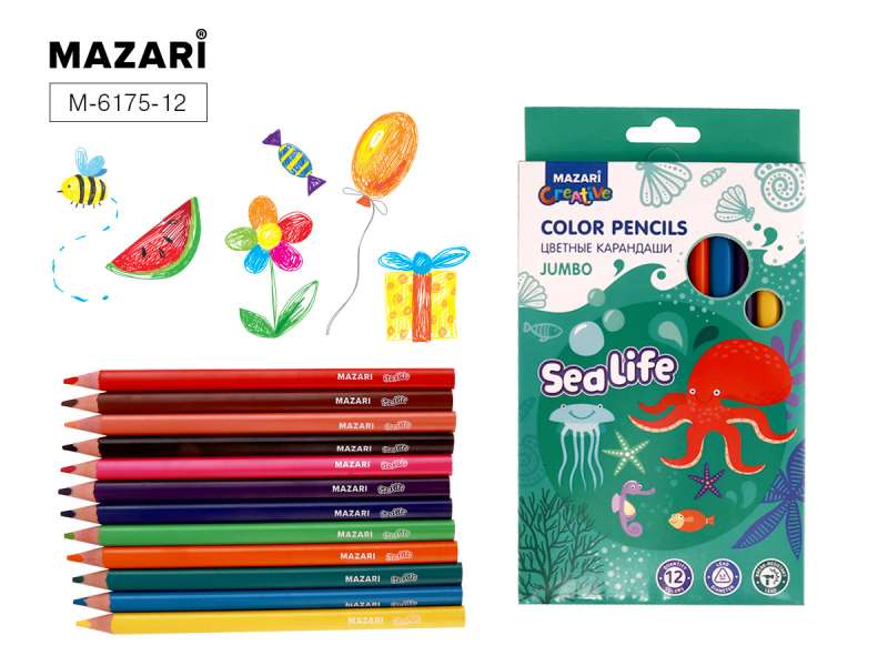 Krāsainie koka zīmuļi SEA LIFE, Jumbo, 12 krāsas.