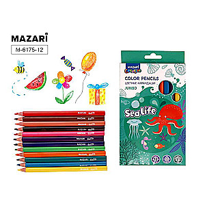 Spalvoti mediniai pieštukai SEA LIFE, Jumbo, 12 spalvų