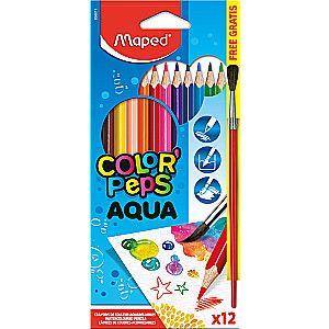 Krāsainie zīmuļi MAPED AQUA, 12 krāsas + otas