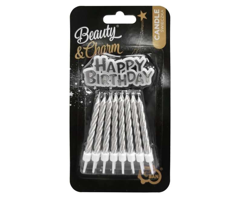 B&C Happy Birthday Candle Set with Holders, Silver, 16 pcs