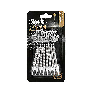 B&C Happy Birthday Candle Set with Holders, Silver, 16 pcs