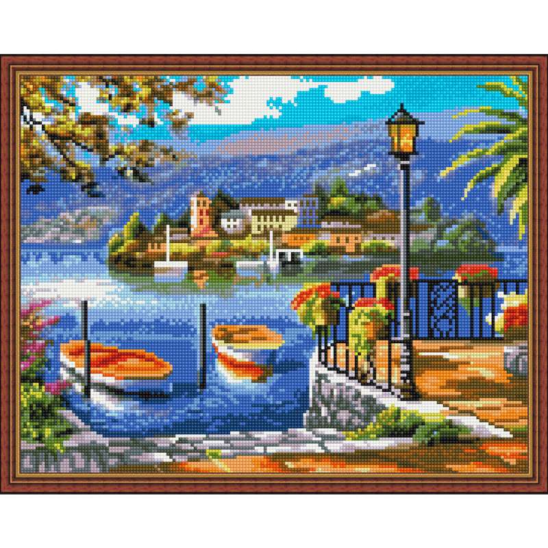 Diamond mosaic with applied frame - Lake Como, 40x50cm
