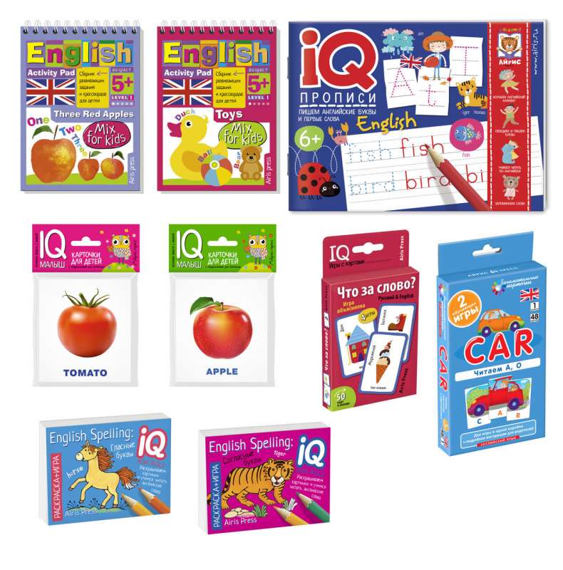 Paket. Mini-Set IQ-Spiele zum Erlernen der englischen Sprache. Niveau 1