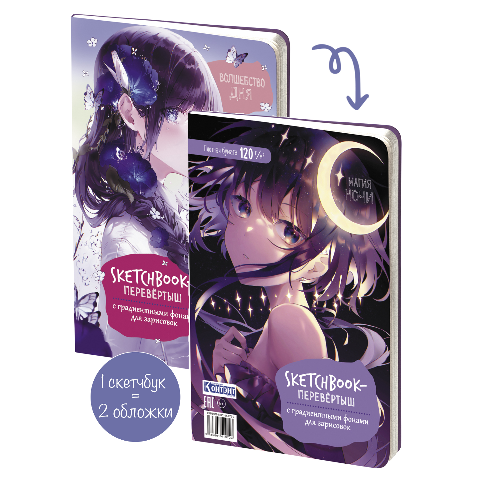 Flip Sketchbook ANIME (girl with the moon + girl with blue flowers)