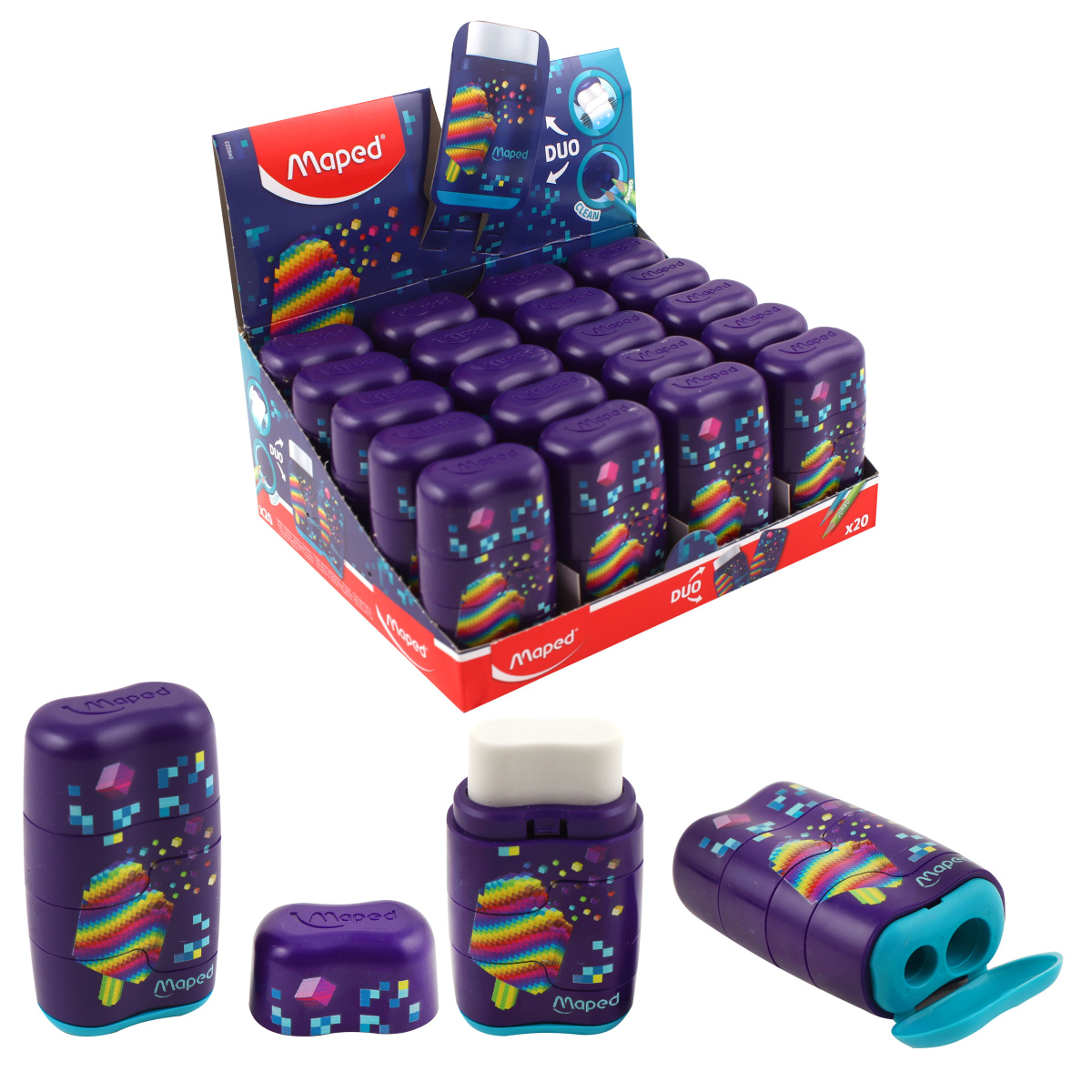 Pencil Sharpener with Container + Eraser - Pixel Party