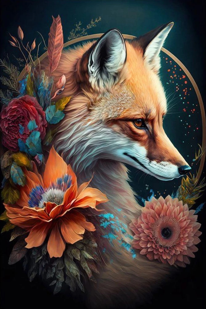 Paint by numbers on black canvas with gold leaf - Fox in flowers, 50x40cm