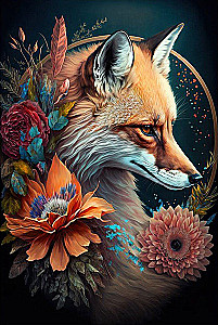 Paint by numbers on black canvas with gold leaf - Fox in flowers, 50x40cm