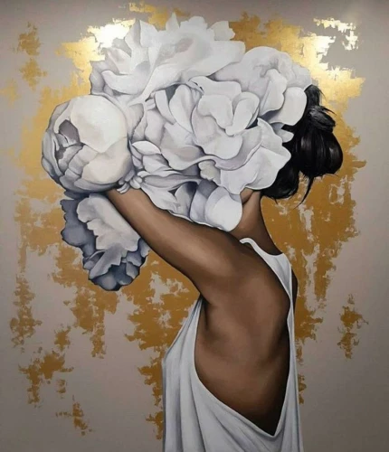 Glezna pēc numuriem ar zeltu 50 x 40 cm - Meitene ar peonijām
